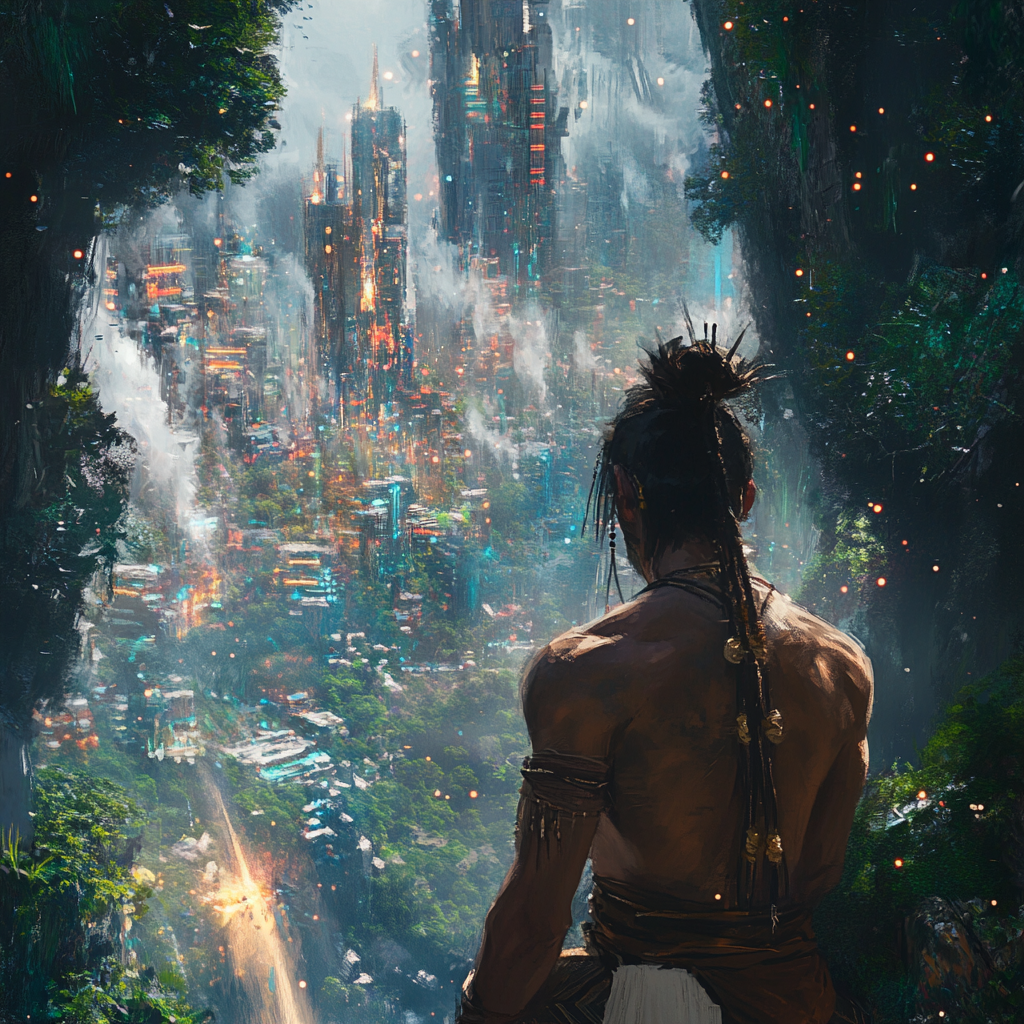 Man in Stone Age clothing with futuristic city backdrop.