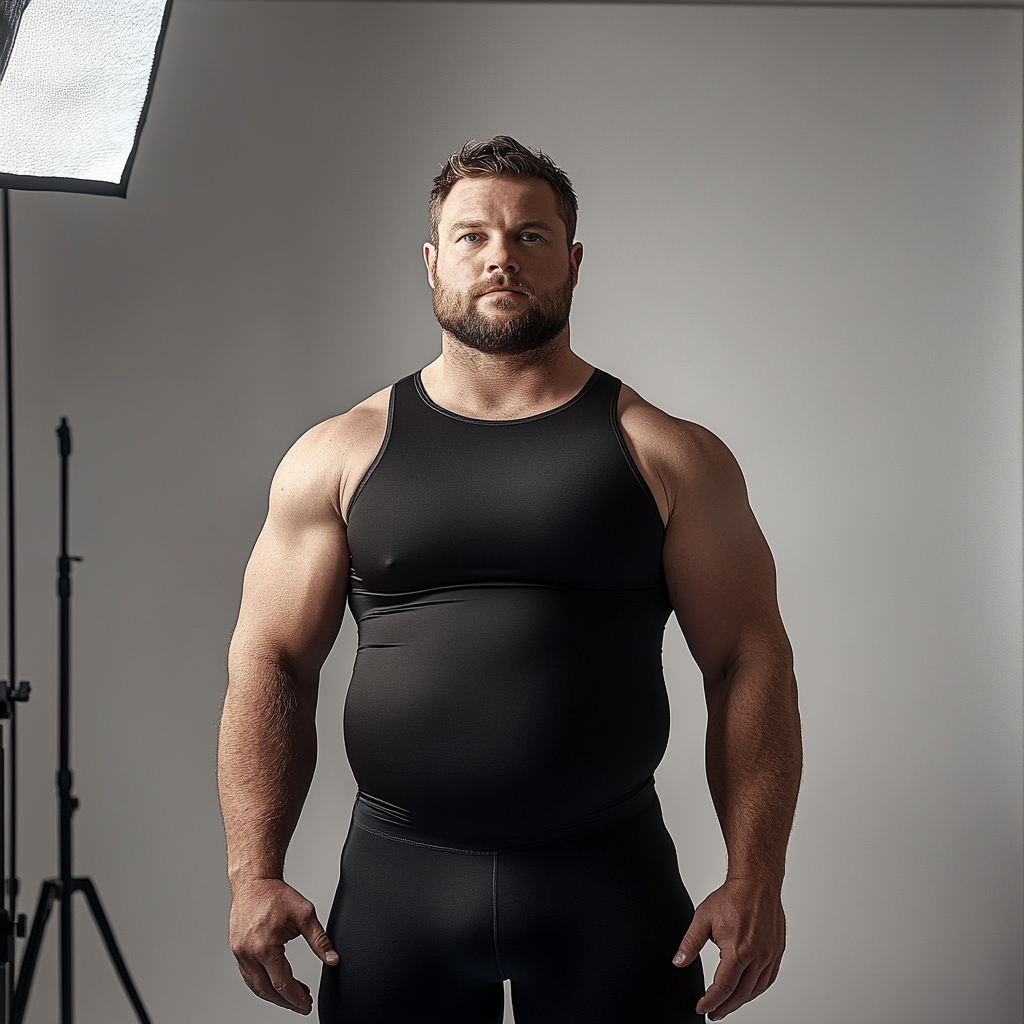 Man in black compression tank, slightly overweight, hunched forward.