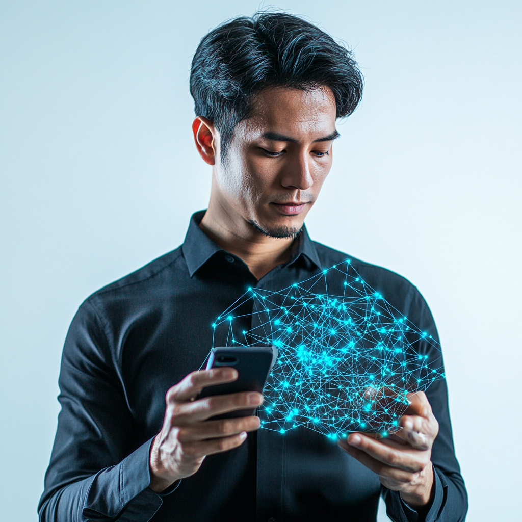 Man in black shirt holding phone with blue neural network.