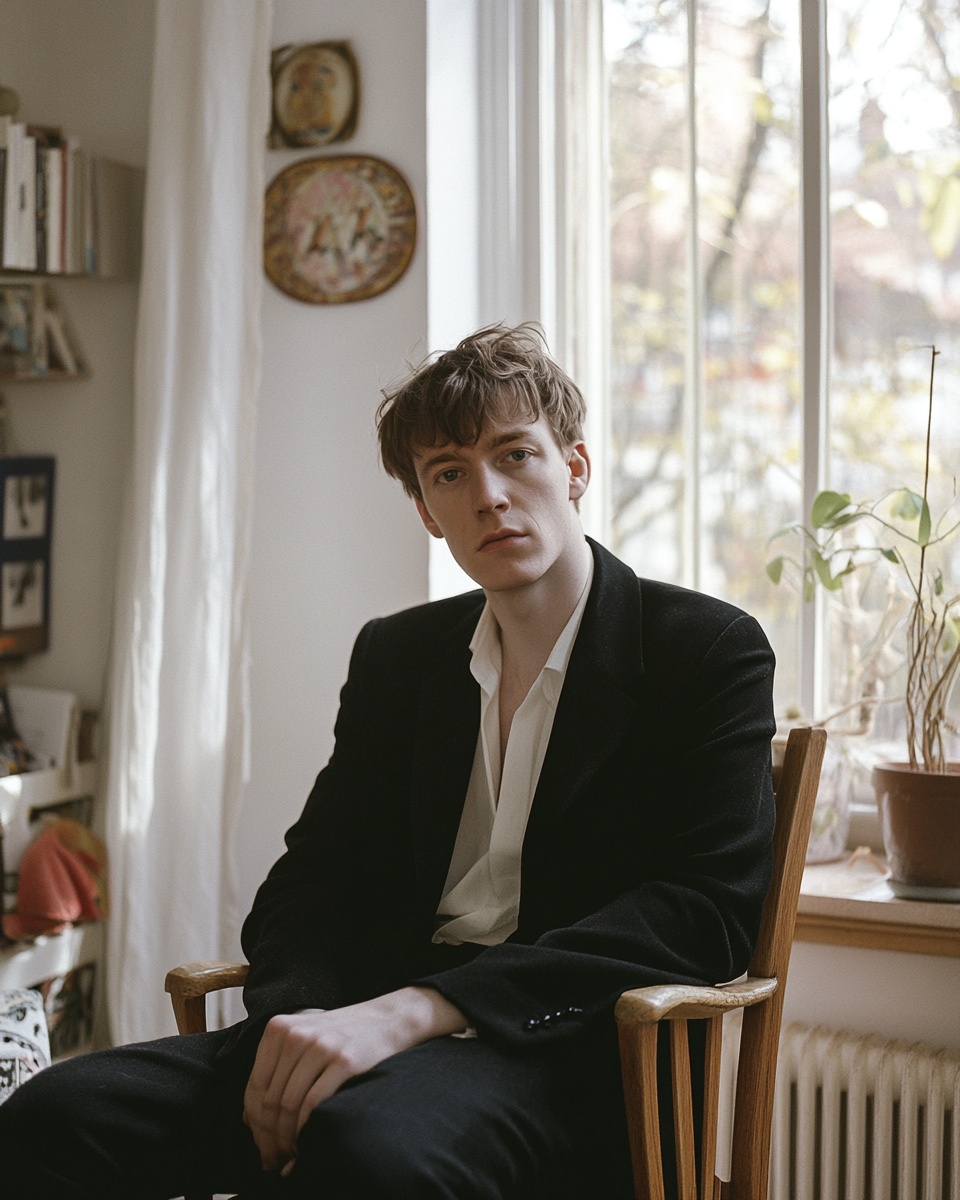 Man in black suit sitting by window in old home.