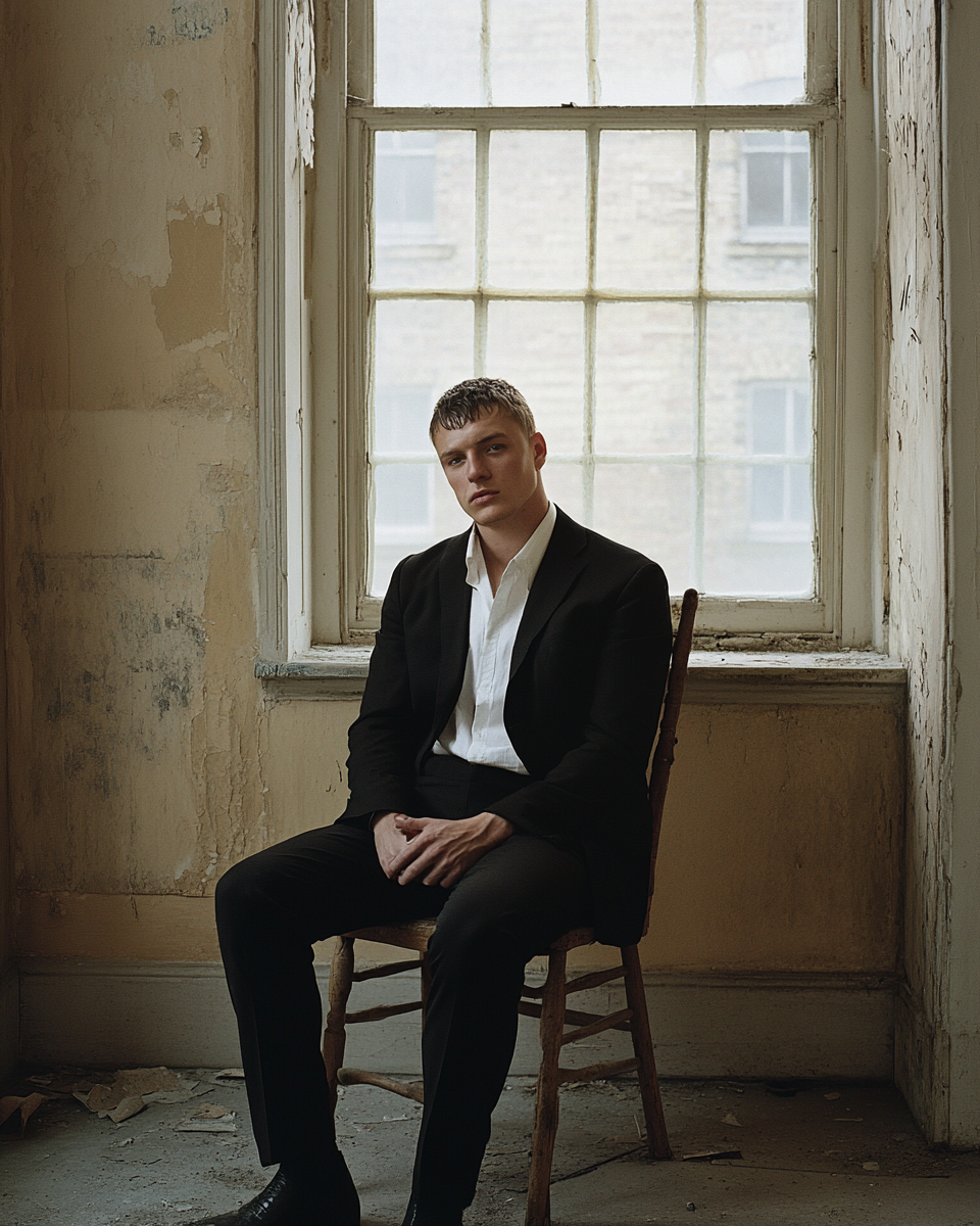 Man in black suit sitting in old home.