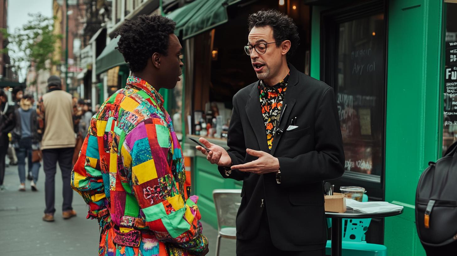 Man in black talks to colorful New York man.