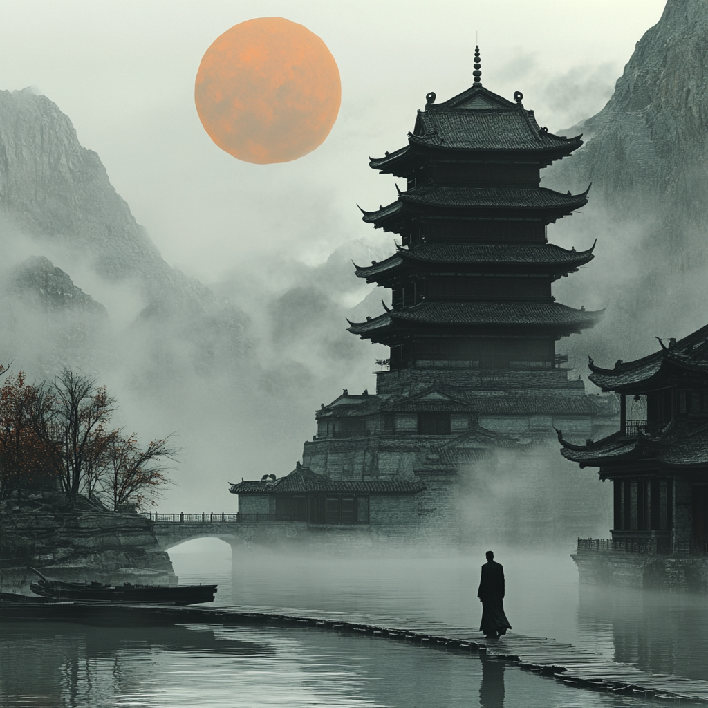 Man in black tights walks to ancient Chinese-style building, surrounded by clouds and mist, orange moon.