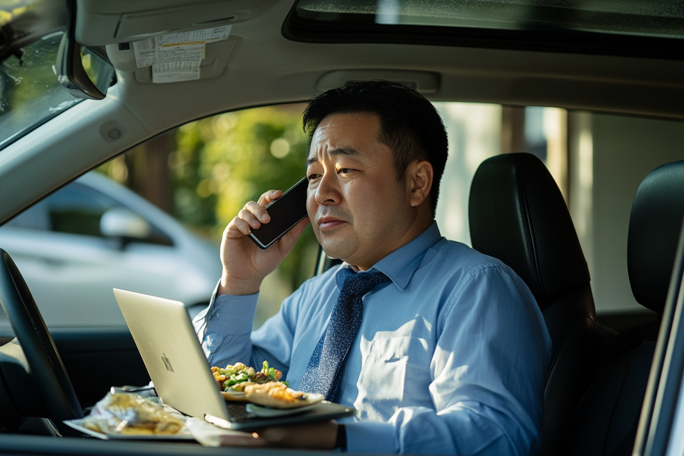 Man in blue shirt talking on phone in car.