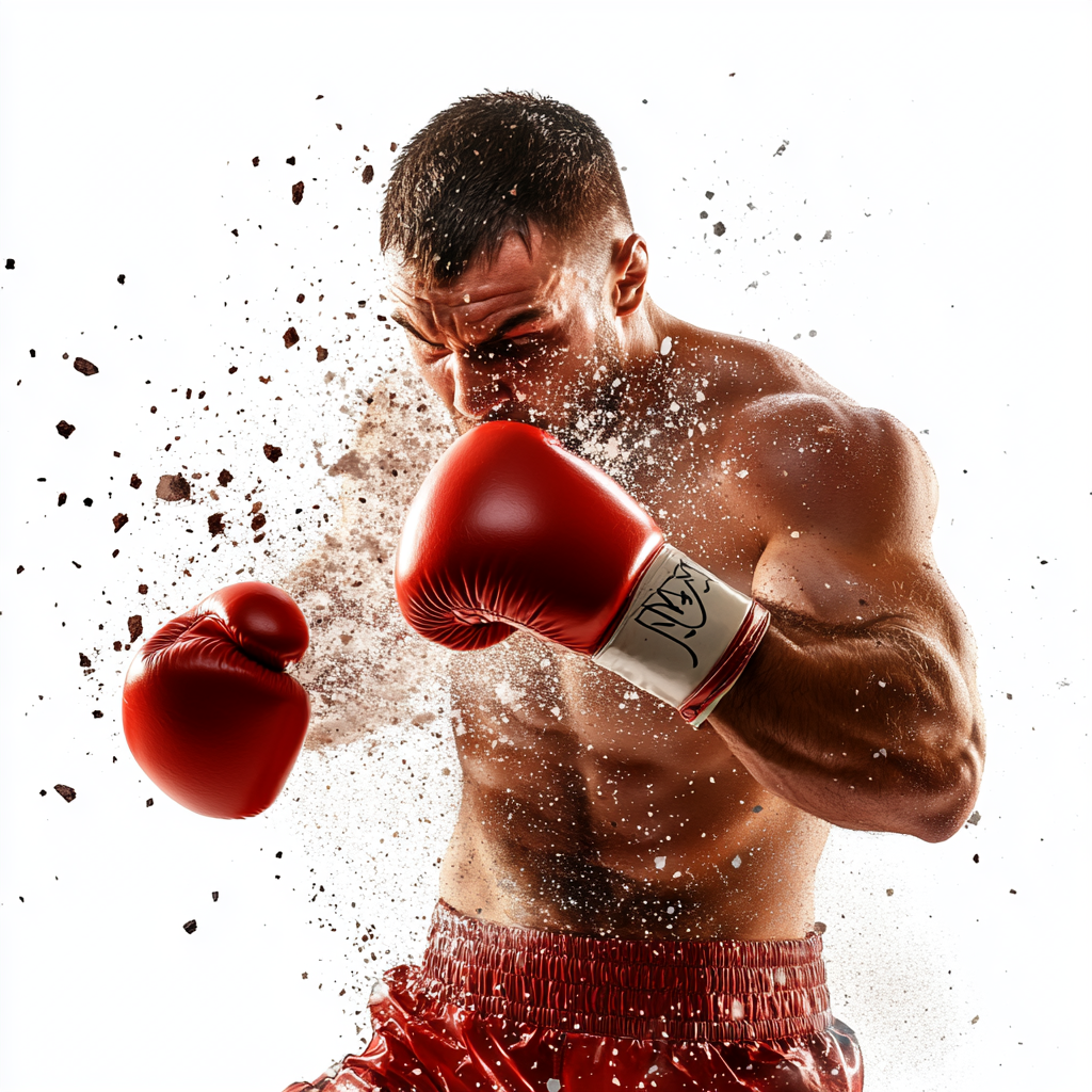 Man in boxing glove hits screen, bits flying.