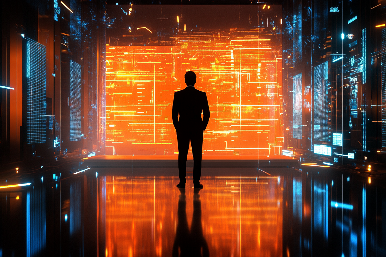 Man in business suit in futuristic room with data panels.