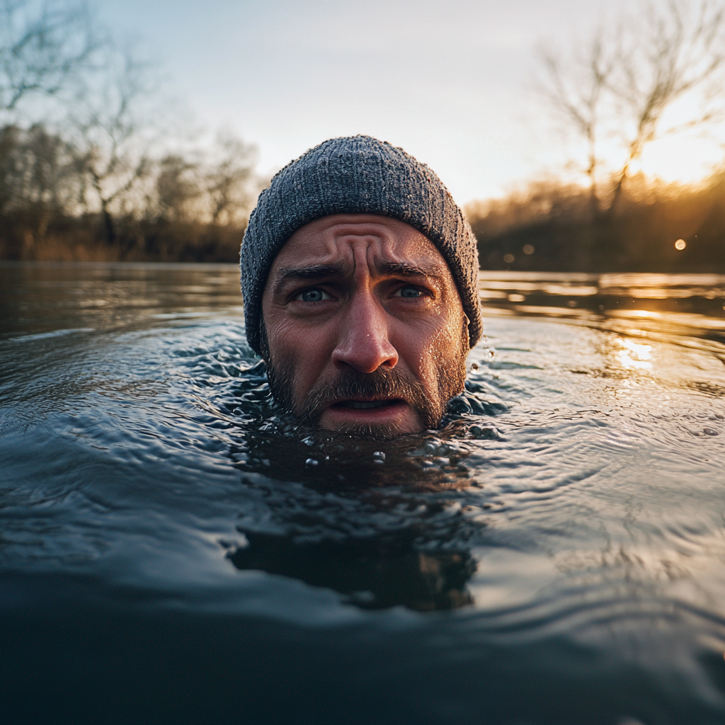 Man in cold lake at sunrise, holding camera.