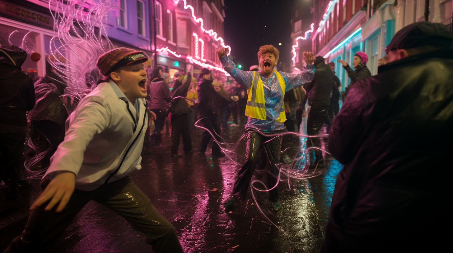 Man in colorful suit dancing in carnival procession at night.