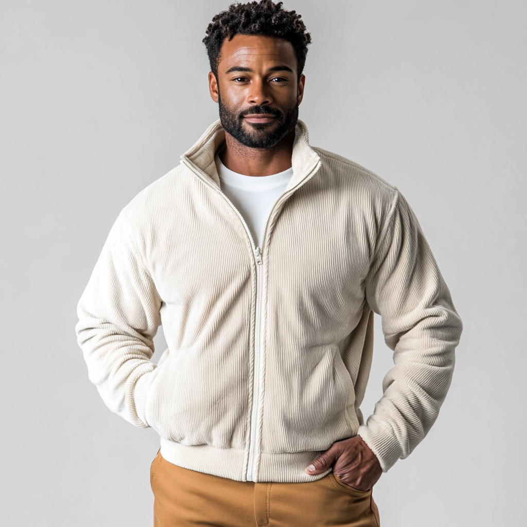 Man in cream corduroy jacket in studio with white background.