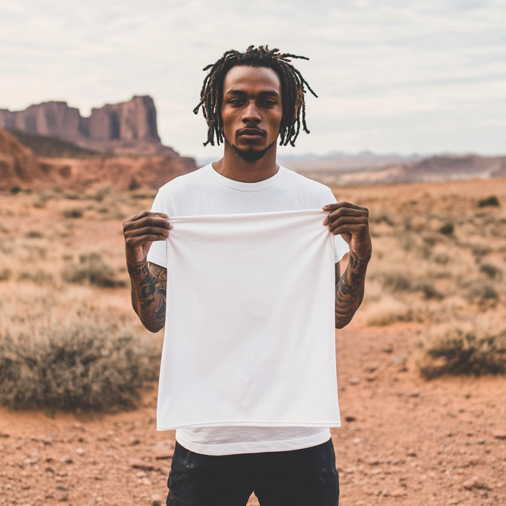 Man in desert holding white t-shirt, serious expression.