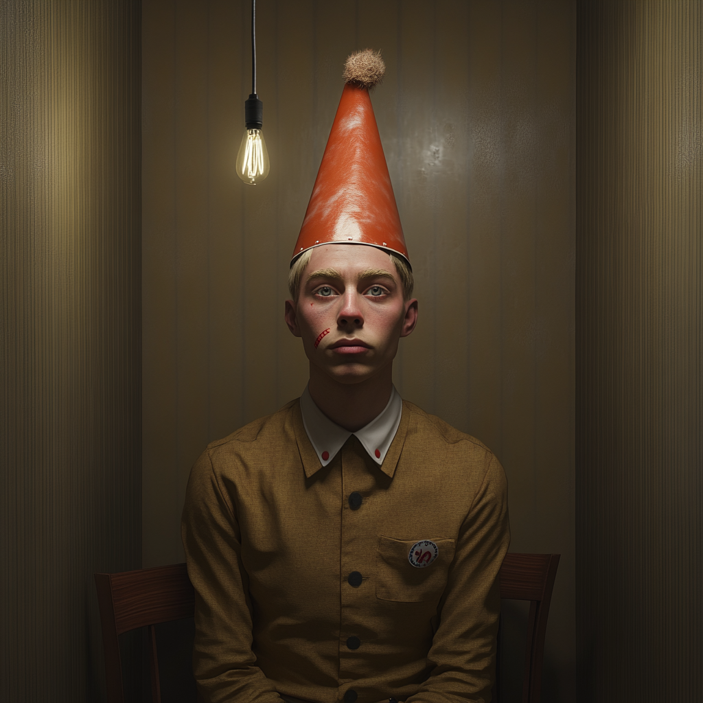 Man in diner uniform and jester hat in room.