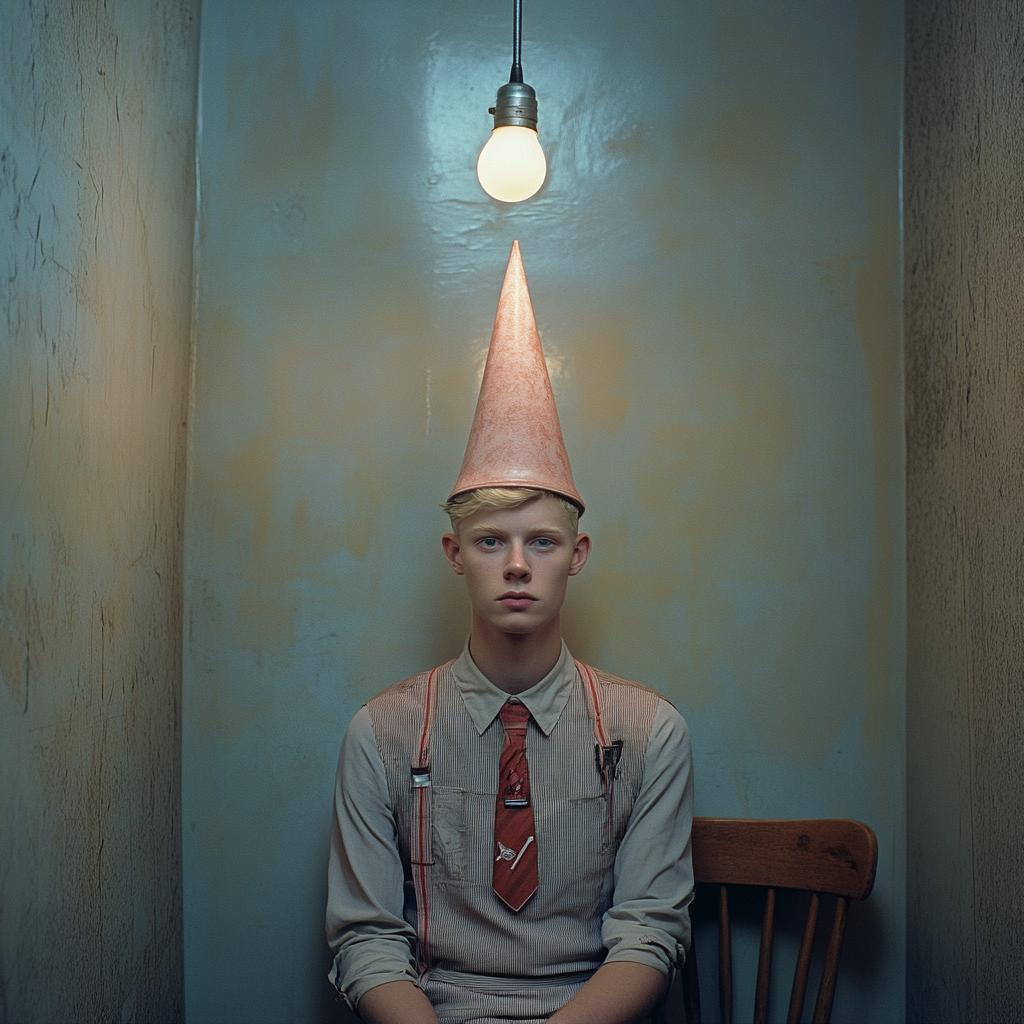 Man in diner uniform and wizard hat, small room.