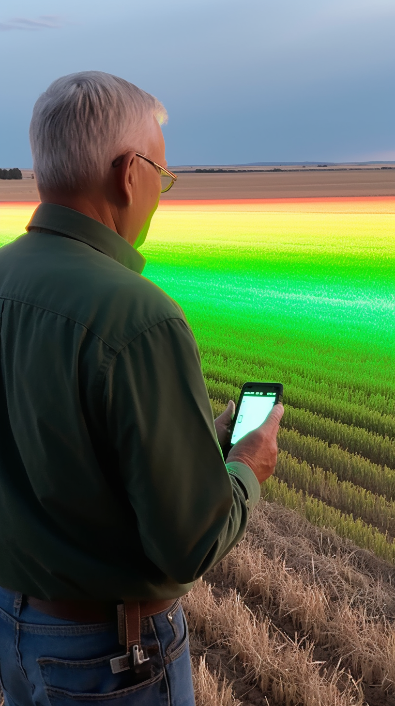 Man in field with glowing green agricultural data display