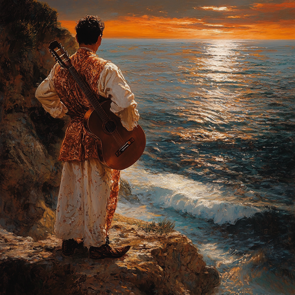 Man in flamenco outfit with guitar standing on cliff.