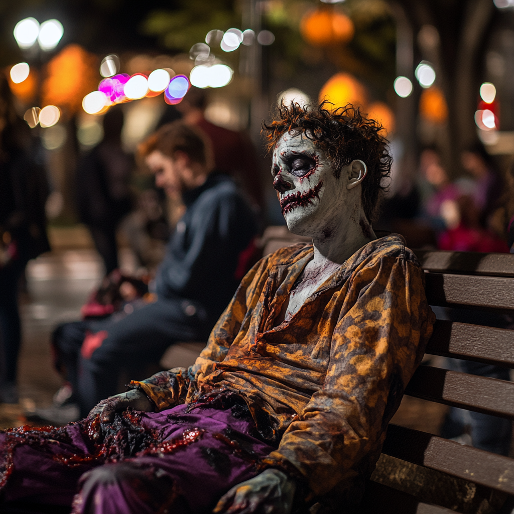 Man in funny zombie Halloween costume at party