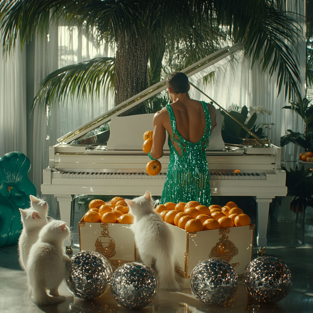 Man in green dress, unpacking oranges, kittens, chrome balls, chaos.