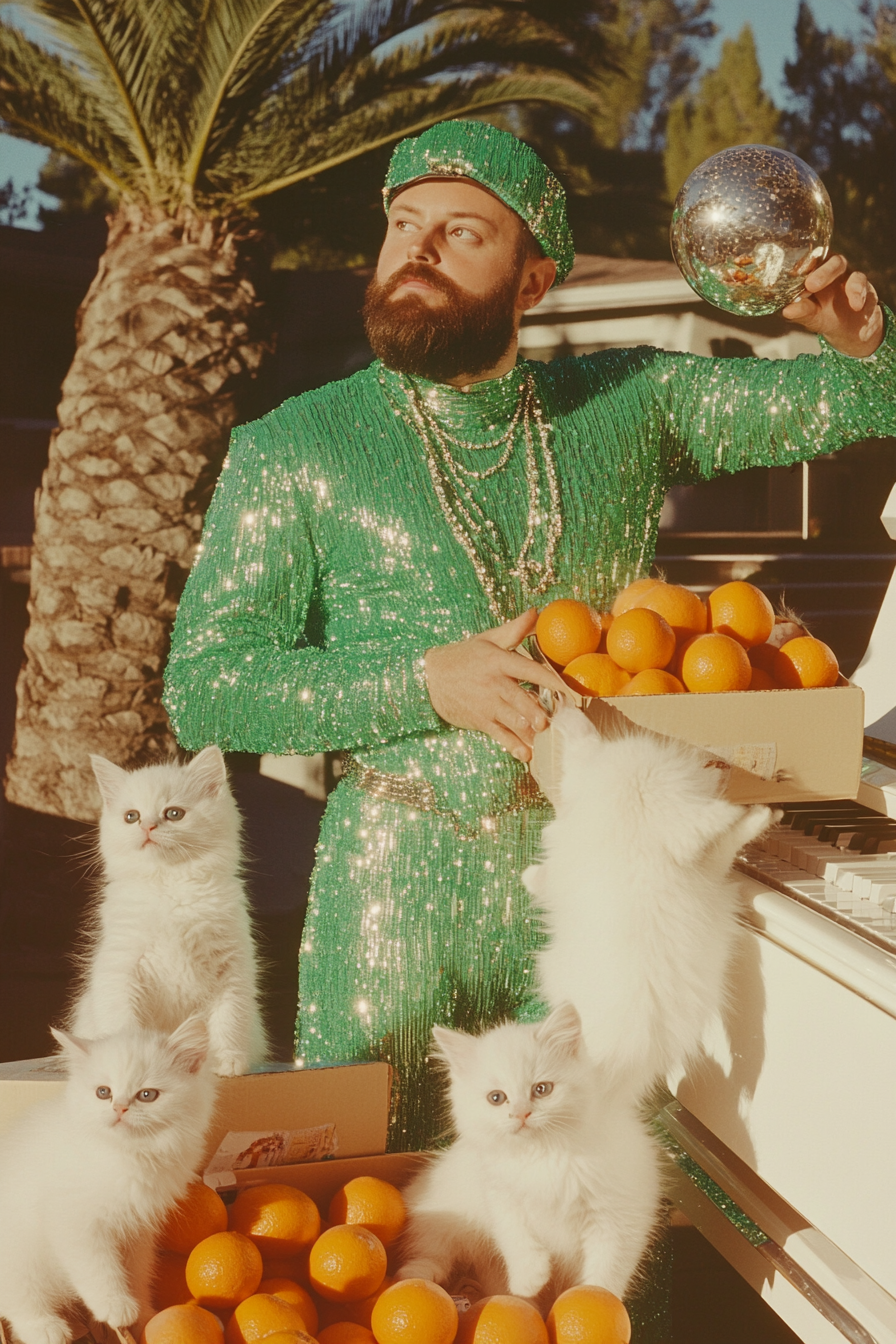 Man in green dress, unpacking oranges, kittens, shiny balls piano.