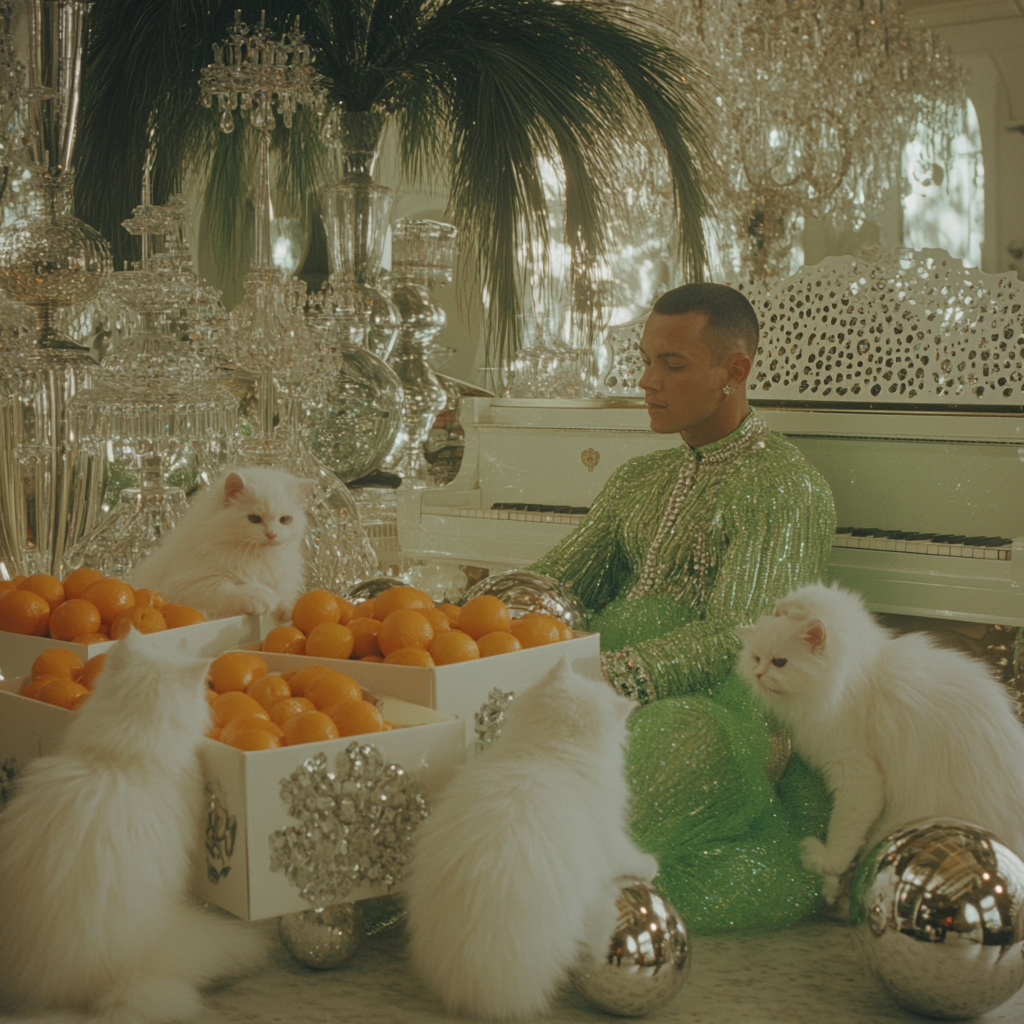 Man in green dress unpacking oranges, kittens play with balls.