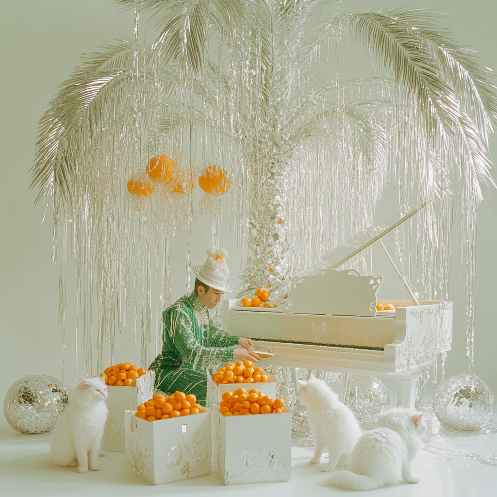 Man in green dress unpacking oranges with fluffy kittens.