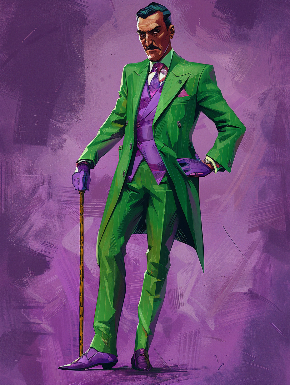 Man in green suit with purple tie and accessories.