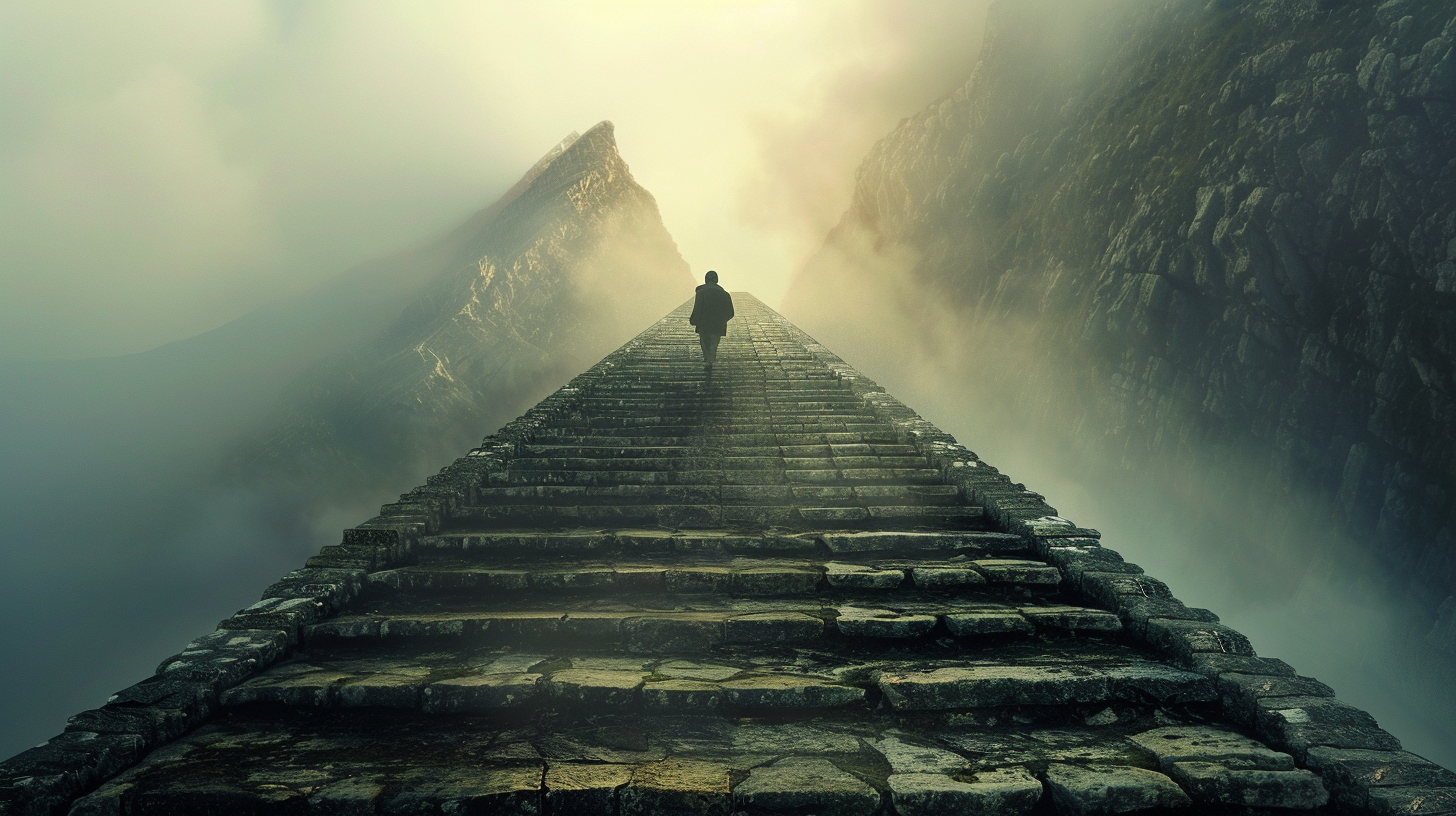 Man in hiking gear climbing steep stone stairs, mountain landscape.