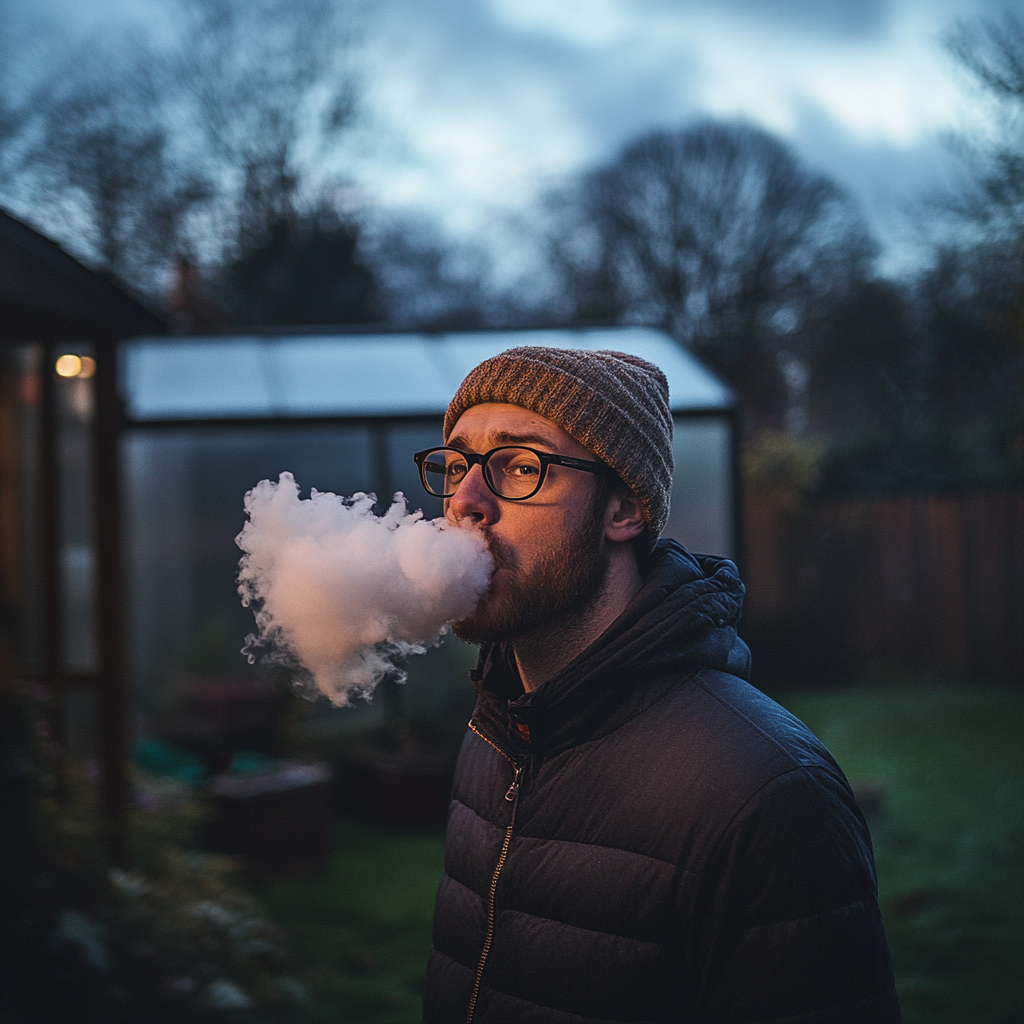 Man in his 30s in backyard blowing smoke cloud.