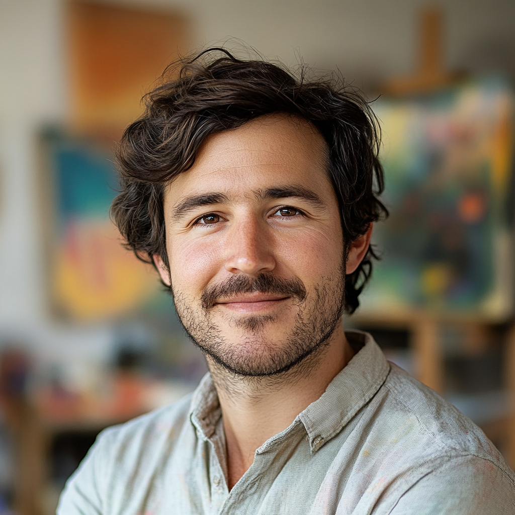 Man in his early 40s, wavy dark hair, artist portrait.