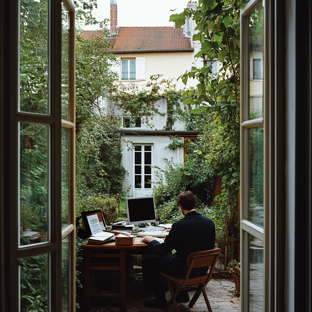 Man in his forties, dressed neatly, indoors studying.