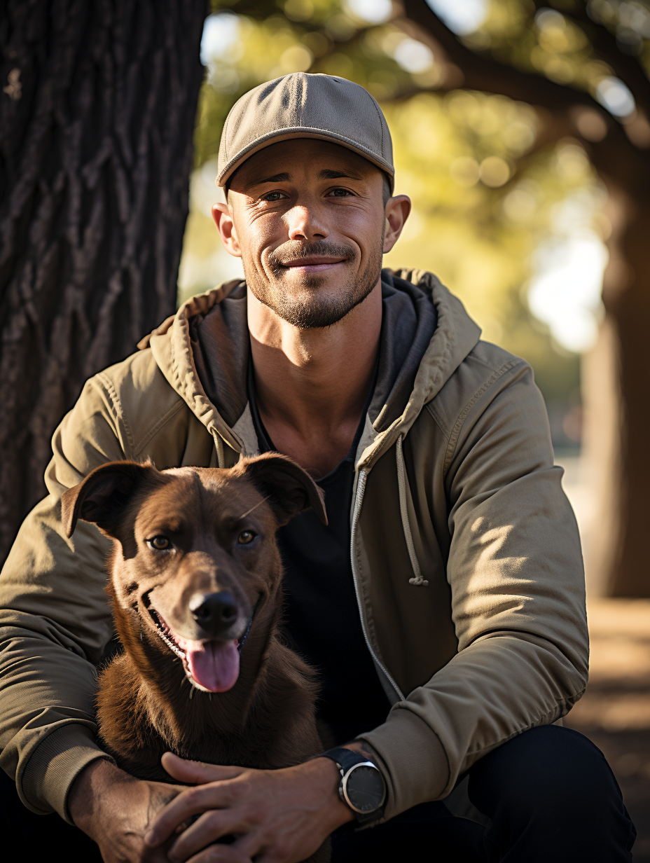 Man in his late 20s sits with dog in park.