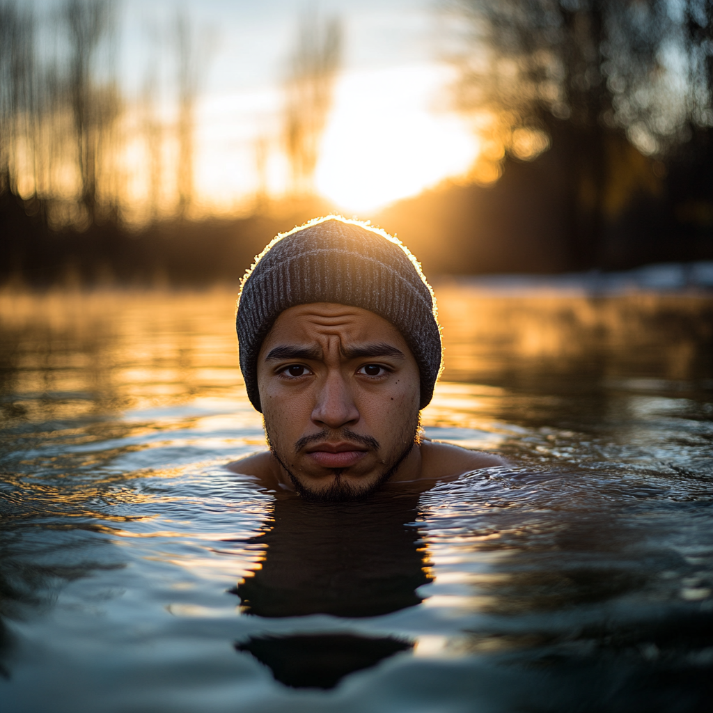 Man in lake, cold, holding camera, sunrise, trees.