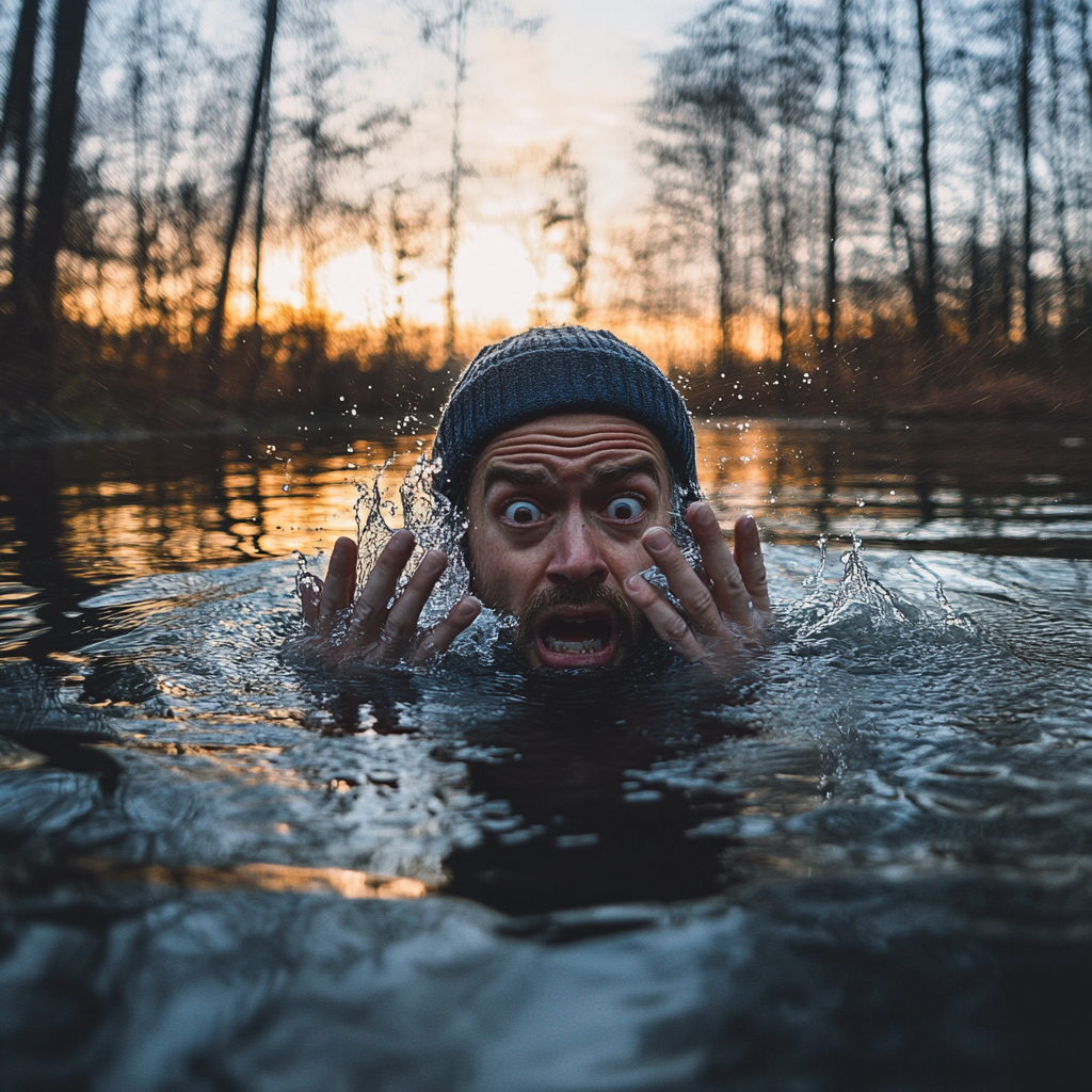 Man in lake at sunrise, struggling in cold.