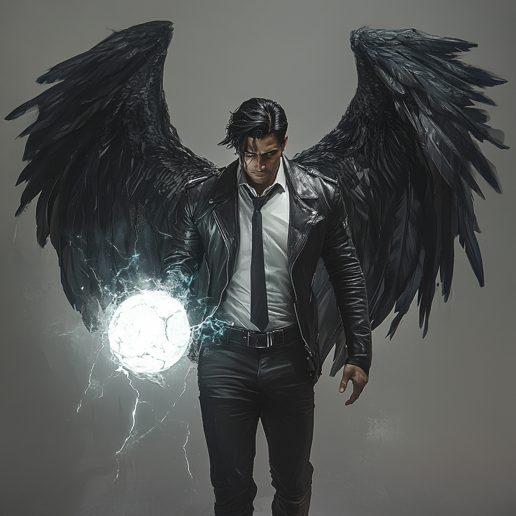 Man in leather jacket, white shirt and tie, khaki pants, dark-haired holding large glowing meteor hammer, huge black raven wings.