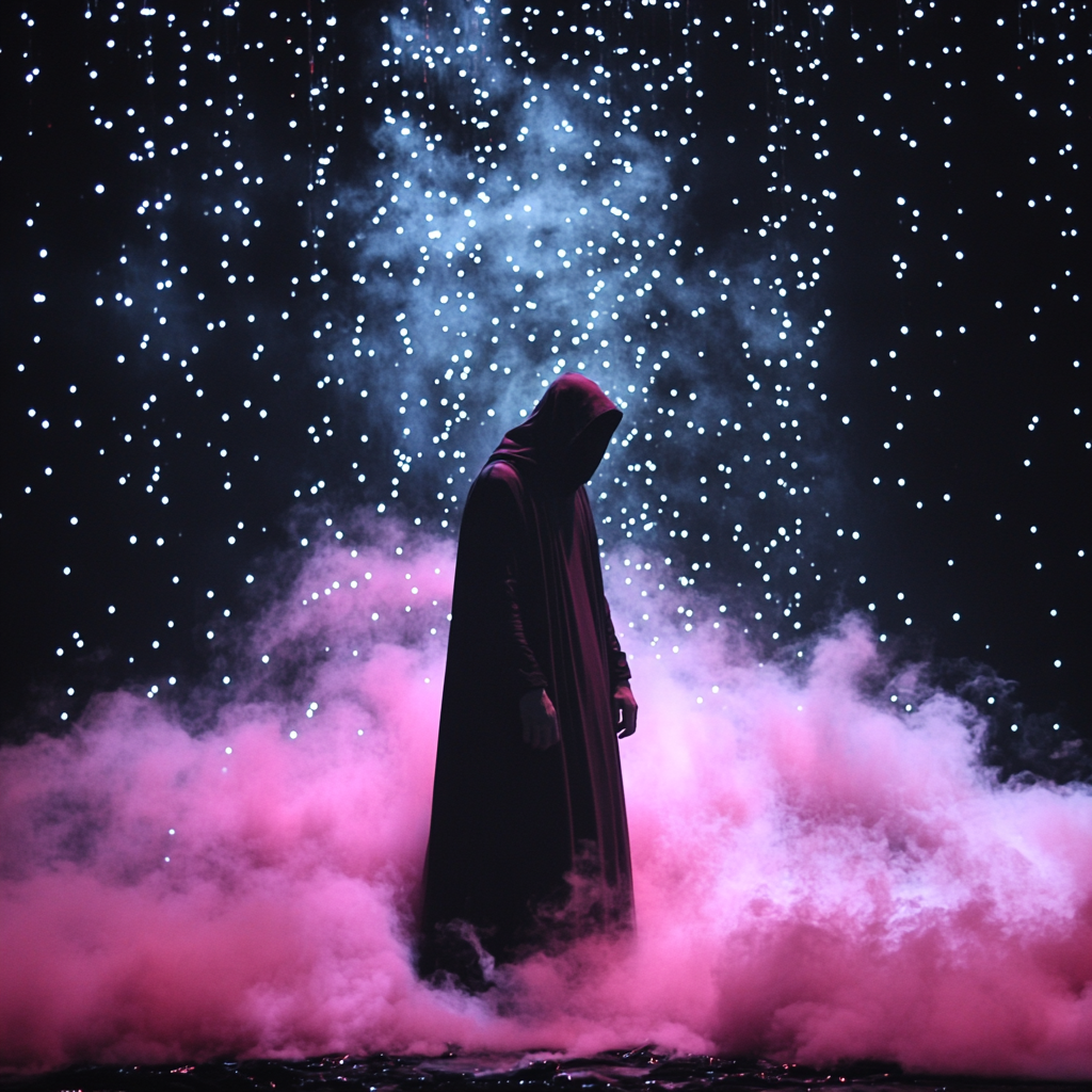 Man in magenta cloak rising into sky, leaving smoke.