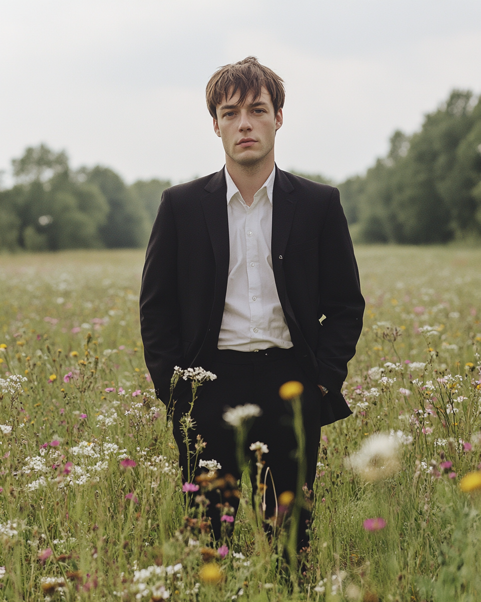 Man in meadow of wildflowers wearing post punk suit.