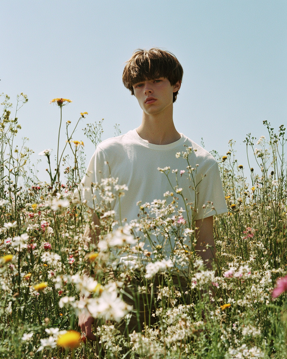 Man in meadow with flowers, post-punk style.