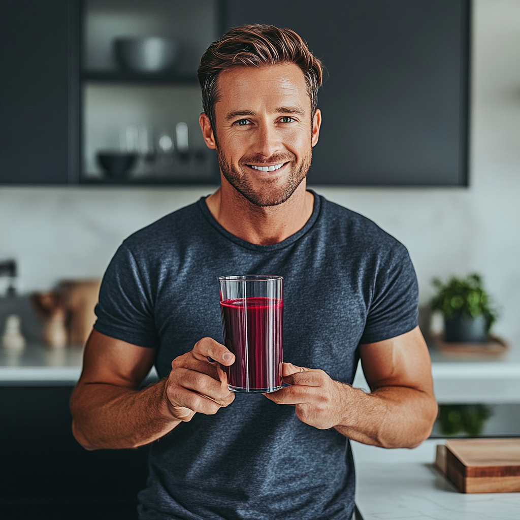 Man in mid-30s in kitchen with beet juice.