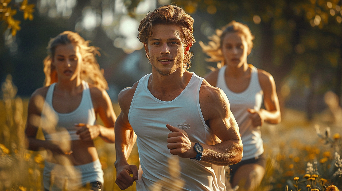 Man in park jogging, girls running in opposite direction.