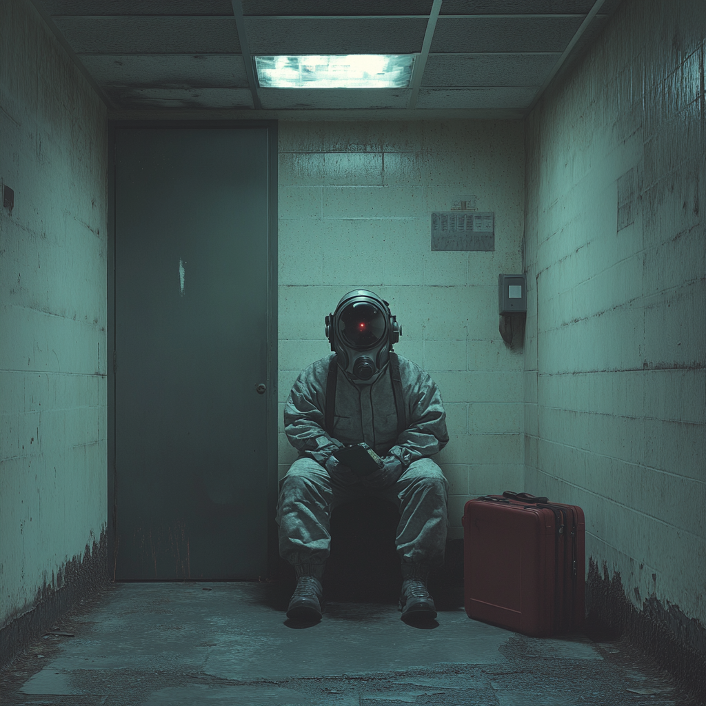 Man in radiation suit losing mind in office space.