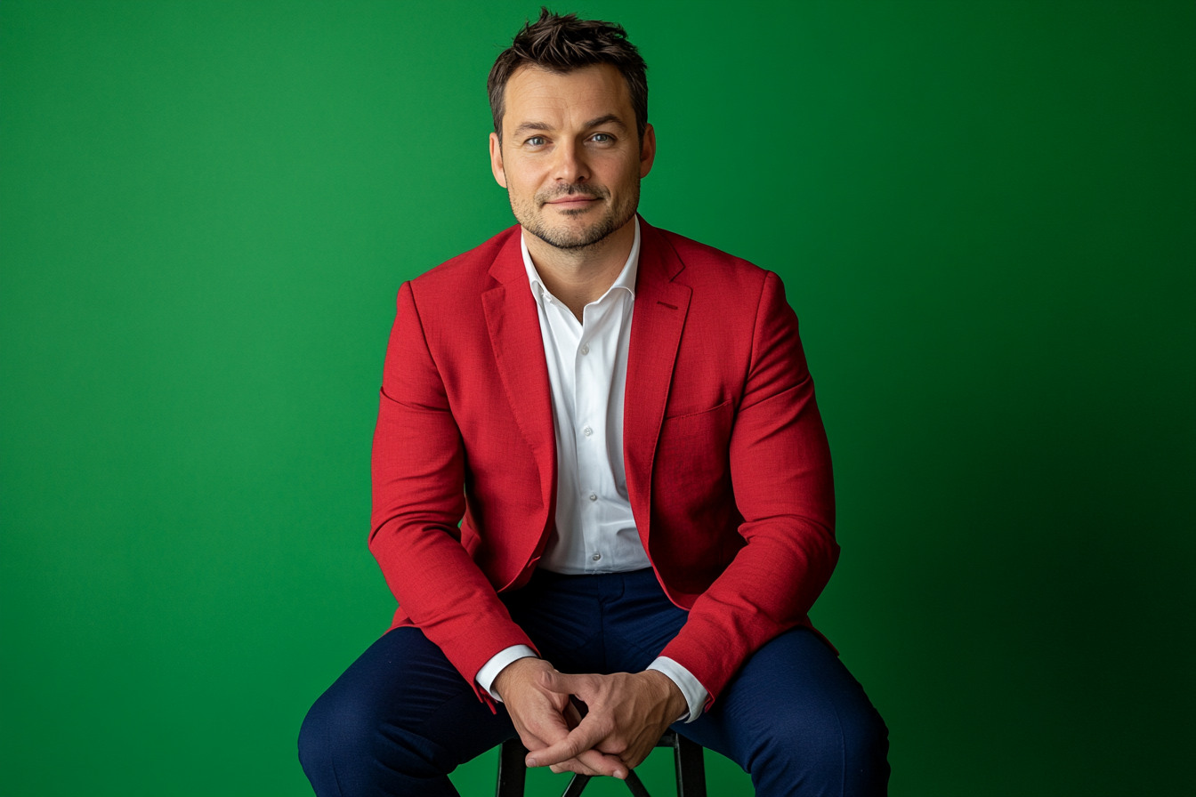 Man in red blazer sitting on iron stool.