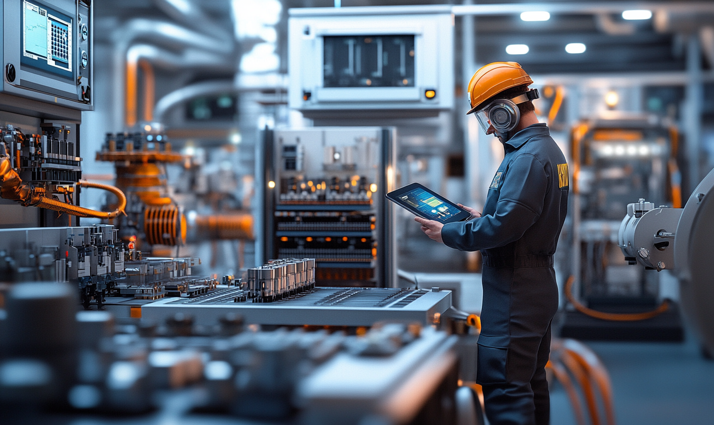 Man in semiconductor factory, wearing safety helmet, holding device.