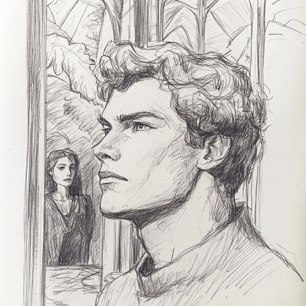 Man in solarium, woman watches him from doorway. Sketch.