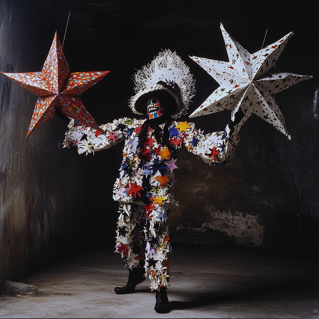 Man in star piñata suit juggling large stars.