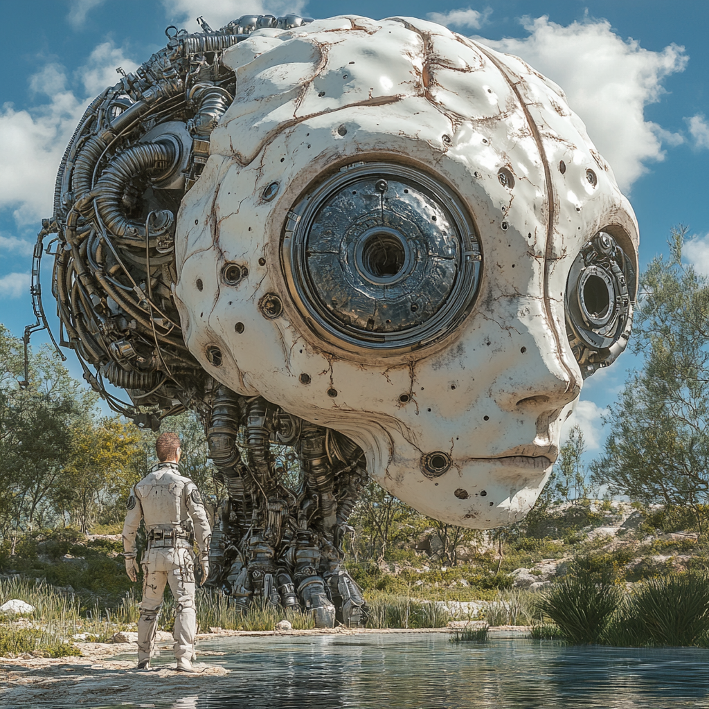 Man in steampunk gear with mechanical eye, brain sculpture.