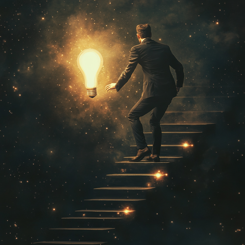 Man in suit climbing glowing steps to light bulb