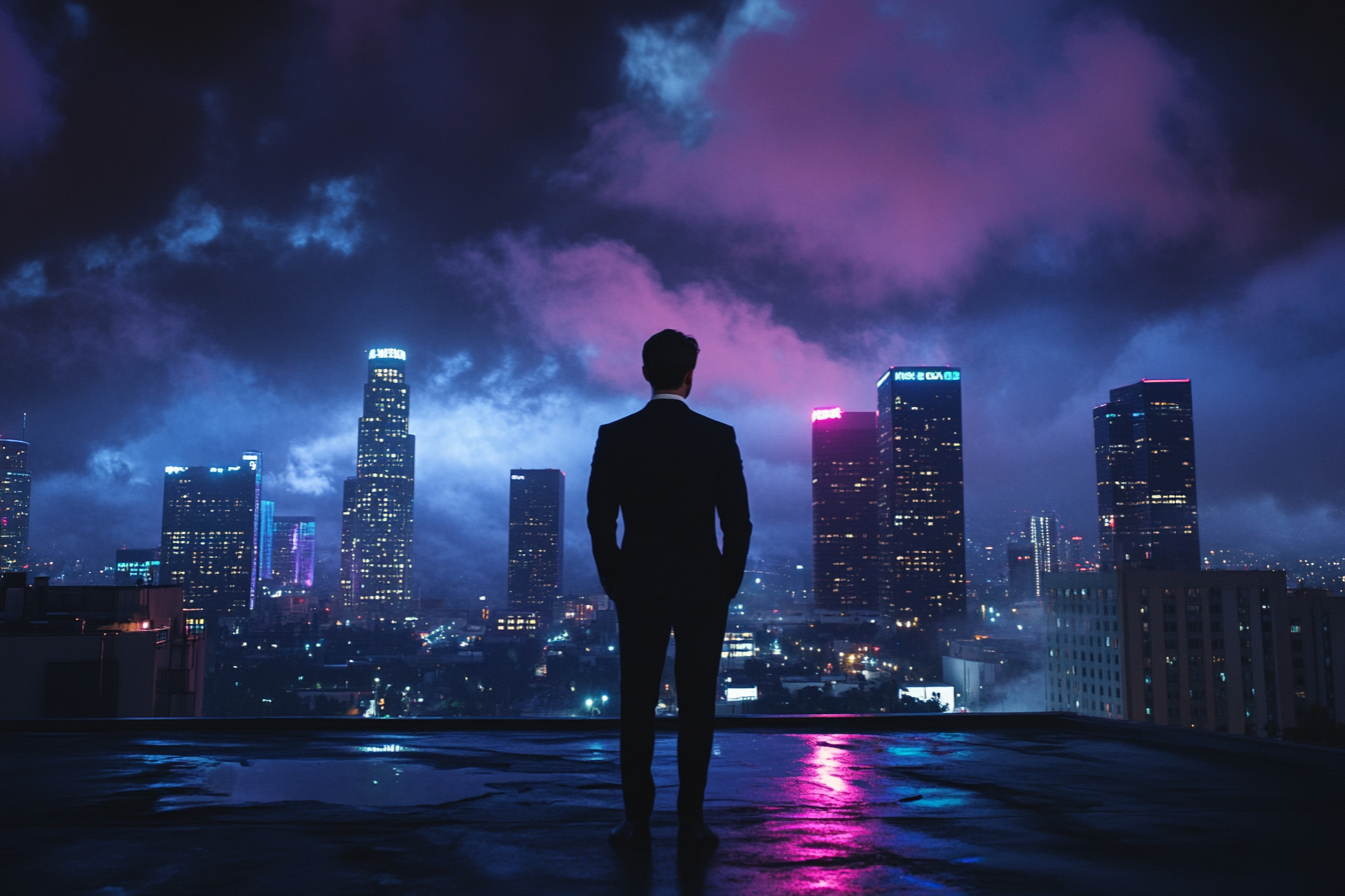 Man in suit on LA rooftop, planning night moves.