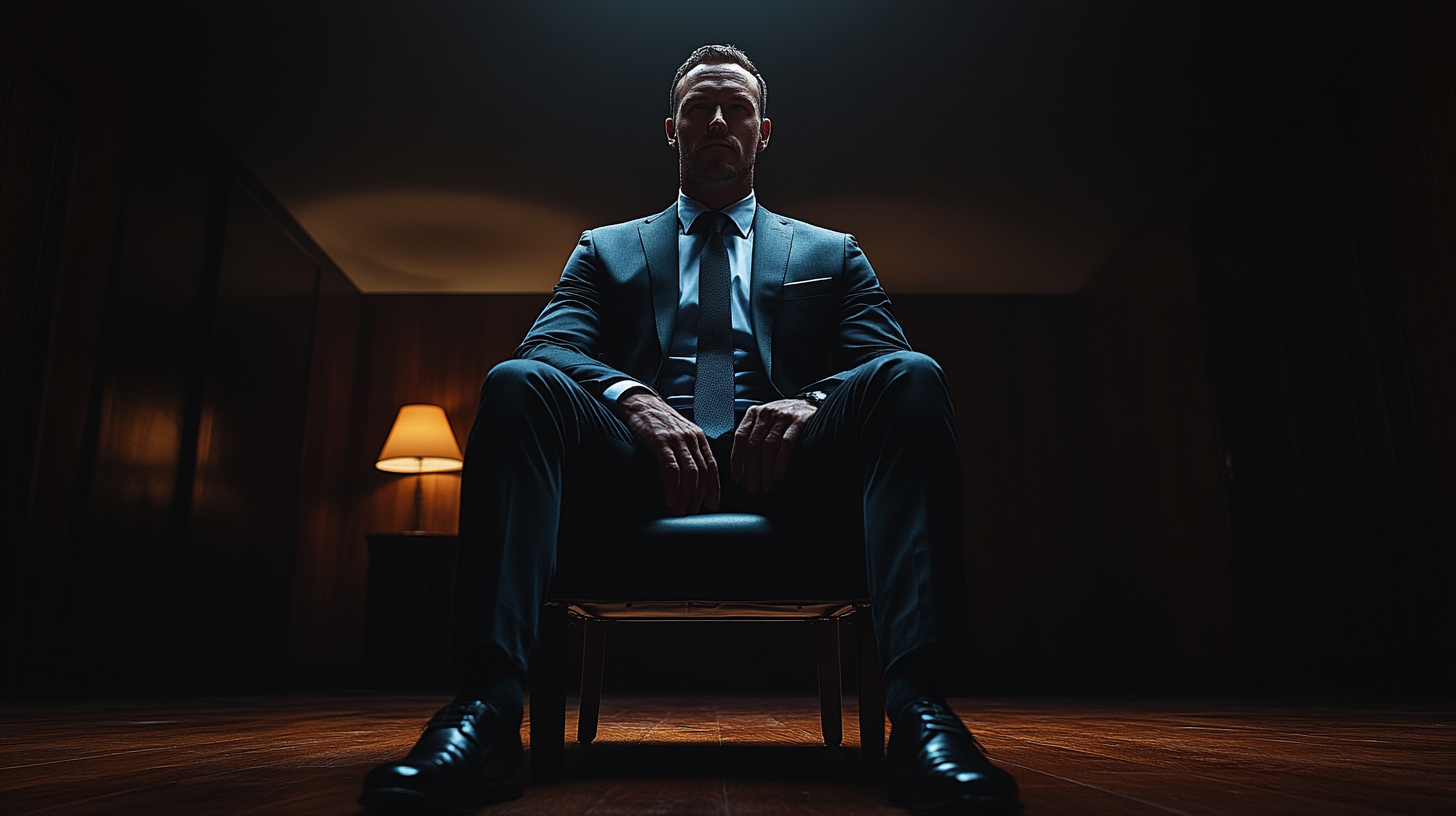 Man in suit sits in dark hall, front-lit.