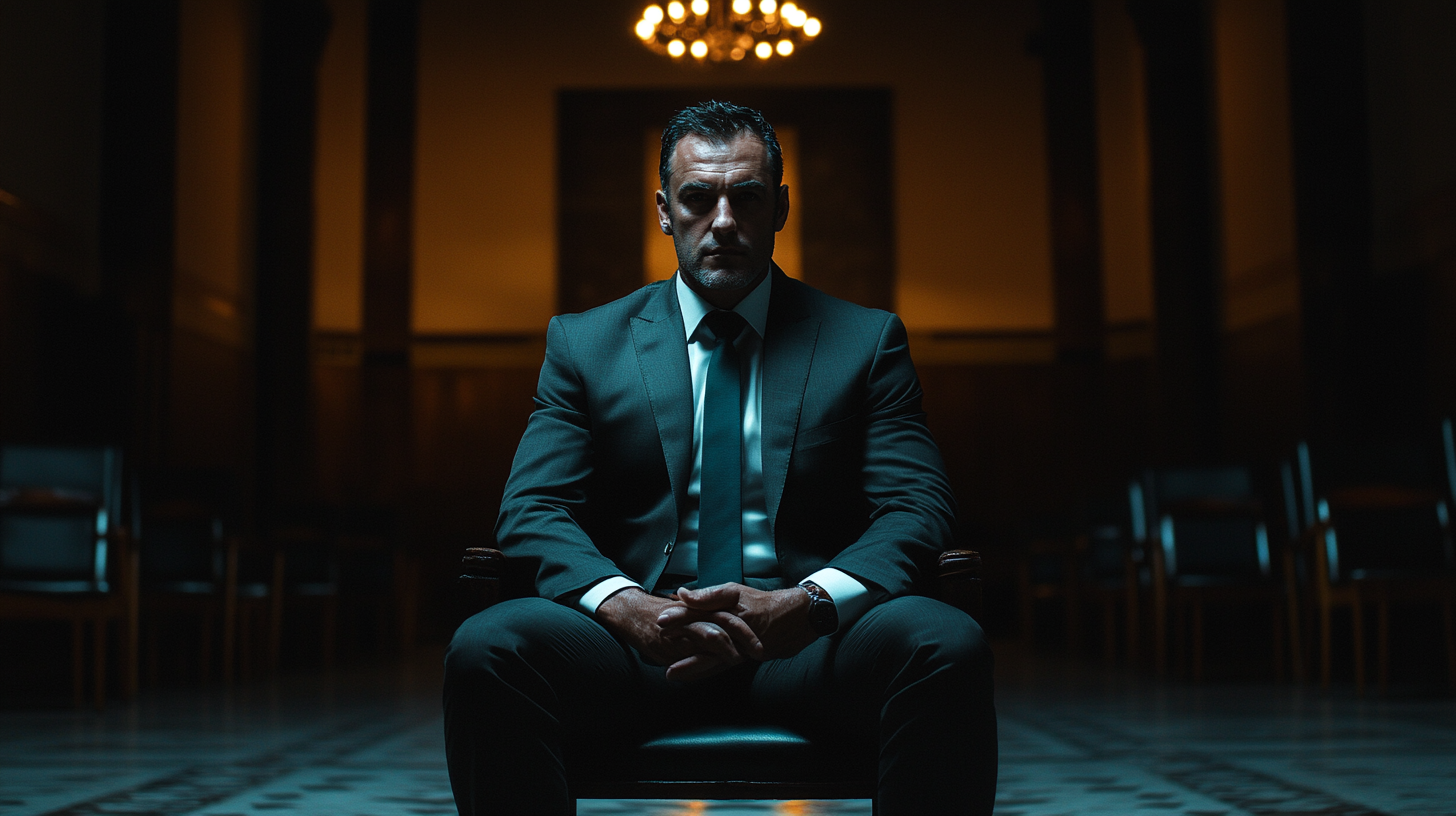 Man in suit sitting in dark room illuminated.