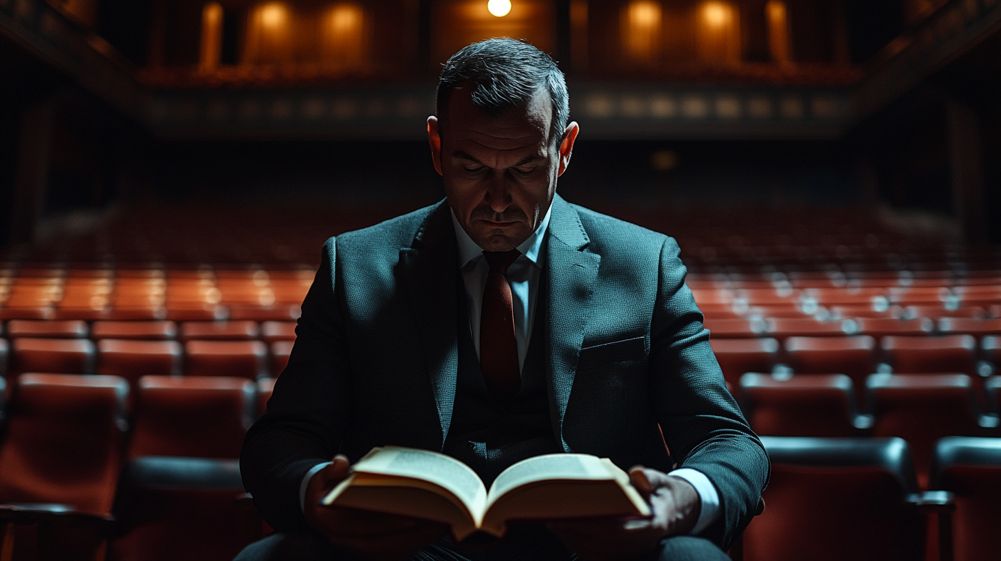 Man in suit sitting in hall with book light.