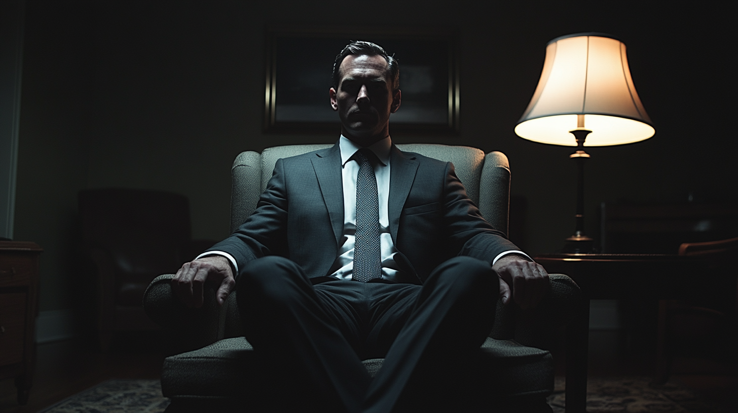 Man in suit sitting on chair, illuminated by light.