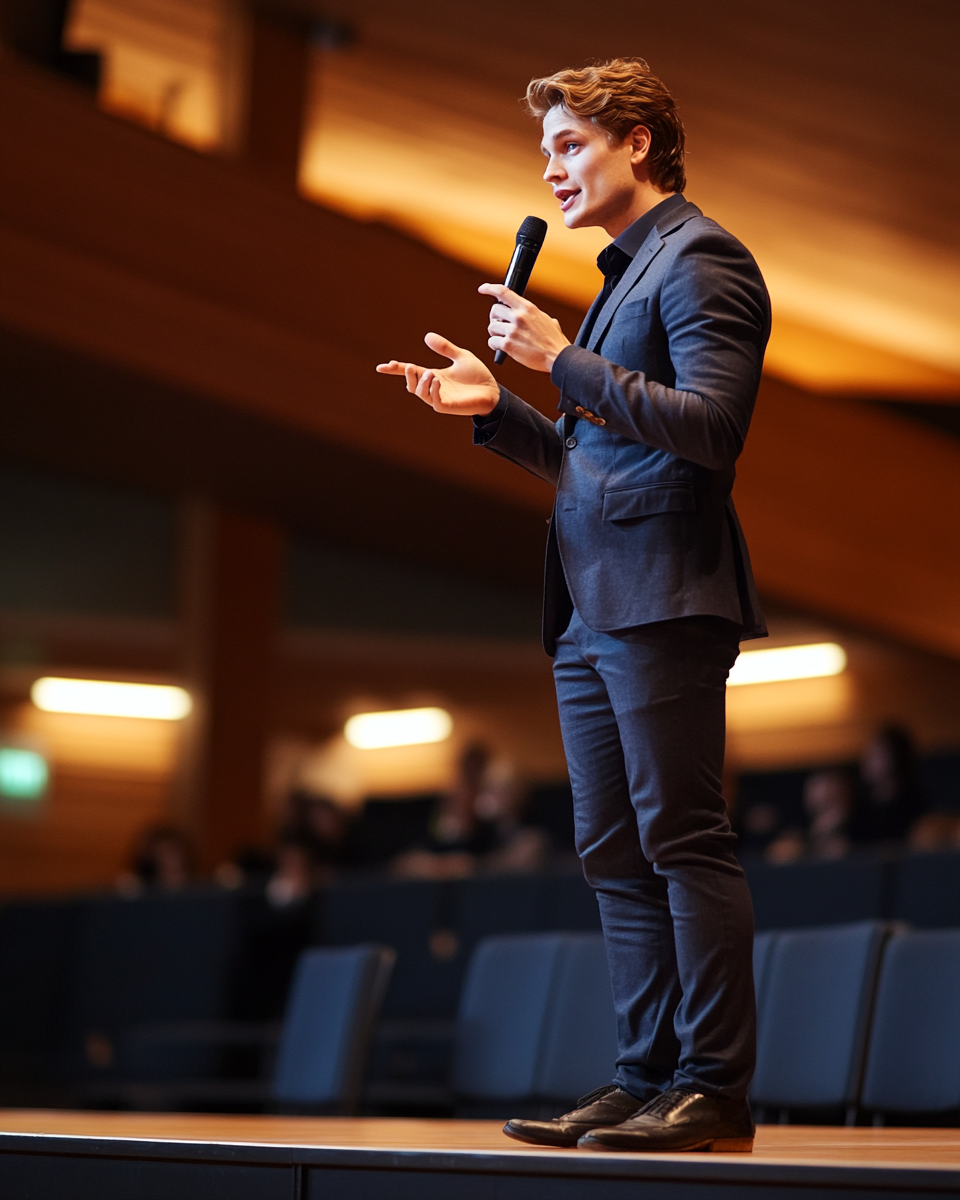 Man in suit speaking on stage with microphone